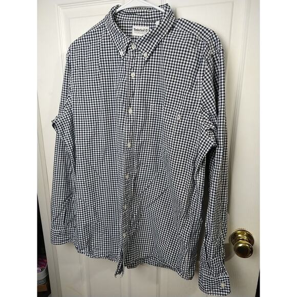 Timberland Men's L Shirt Navy Blue Gingham Long Sleeve Button Pocket Office... - Picture 2 of 9